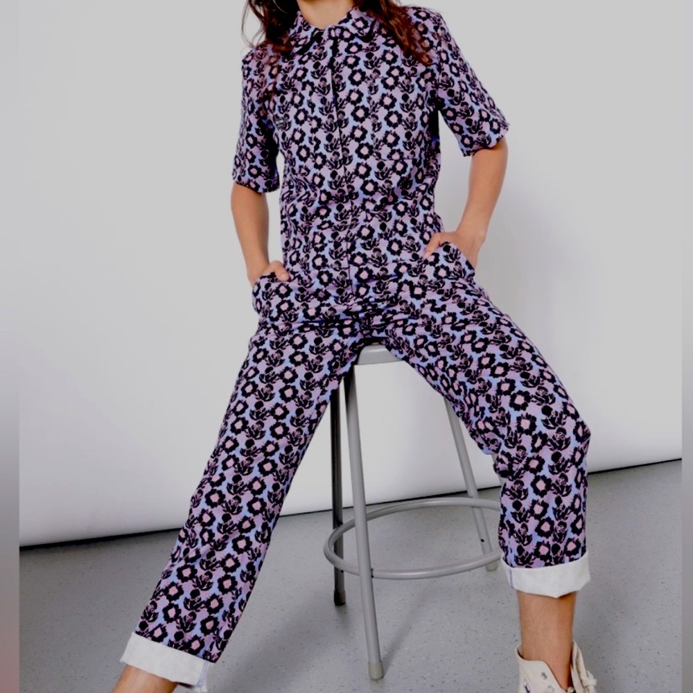 Wildfang Purple and Black Patterned Jumpsuit ‘Blooming Floral’ MEDIUM